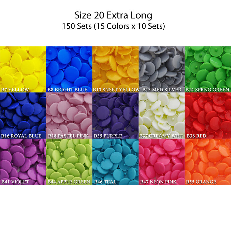 KAM Plastic Snaps Size 20 Extra Long Multi-Color Pack Complete Sets -  KAMsnaps®